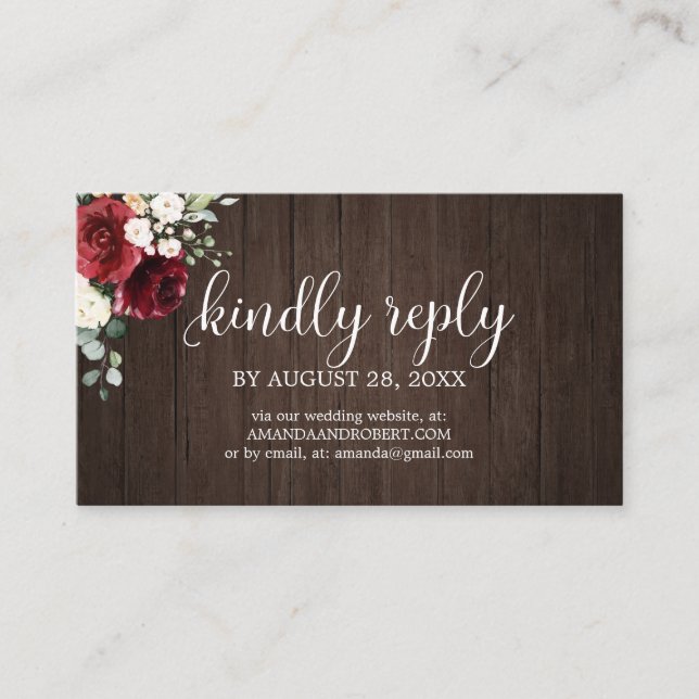 Tarjeta De Recepción Boda RSVP Rústico Burgundy Floral (Anverso)