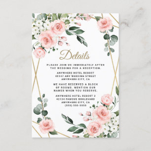 Tarjeta De Recepción Boda Rubor de color blanco y dorado y vegetación f