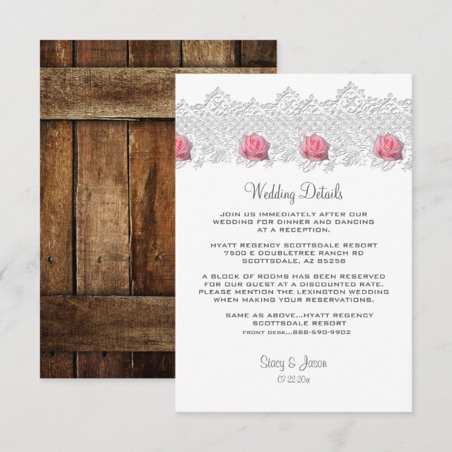 Tarjeta De Recepción Boda Rustic Barnwood & Lace (Anverso / Reverso)