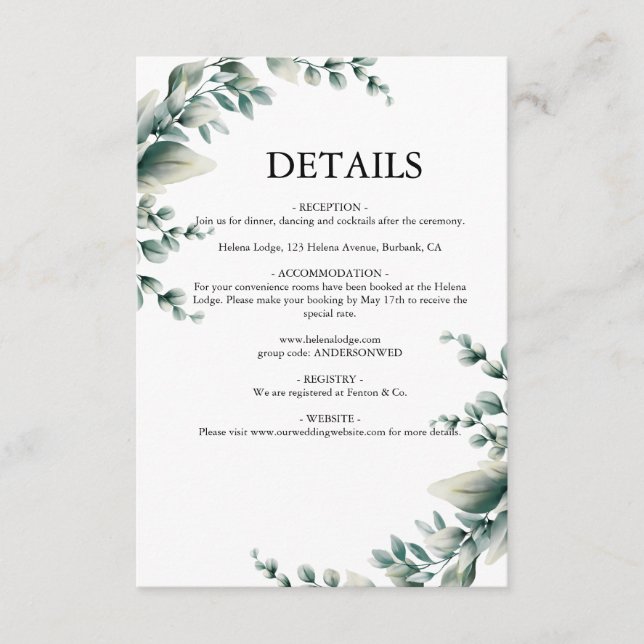 Tarjeta De Recepción Boda rústica con vegetación de eucalipto (Anverso)