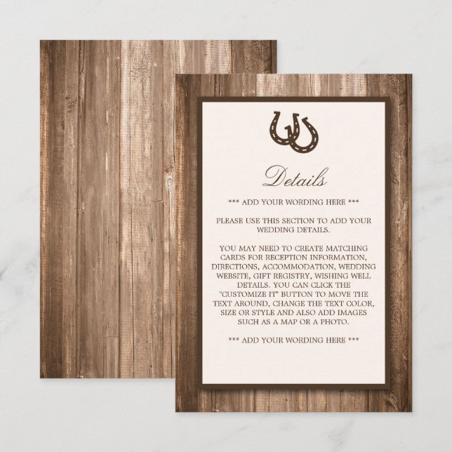 Tarjeta De Recepción Boda Rústica de Caballo y Madera Marrón (Anverso / Reverso)