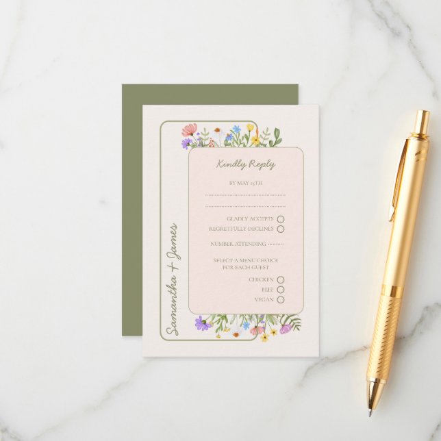Tarjeta De Recepción Boda Rustica Moderna de Flores Silvestres RSVP (Anverso/Reverso In Situ)
