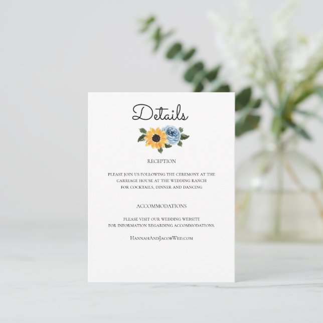 Tarjeta De Recepción Boda Rústico Azul Dusty Sunflower (Anverso de pie)