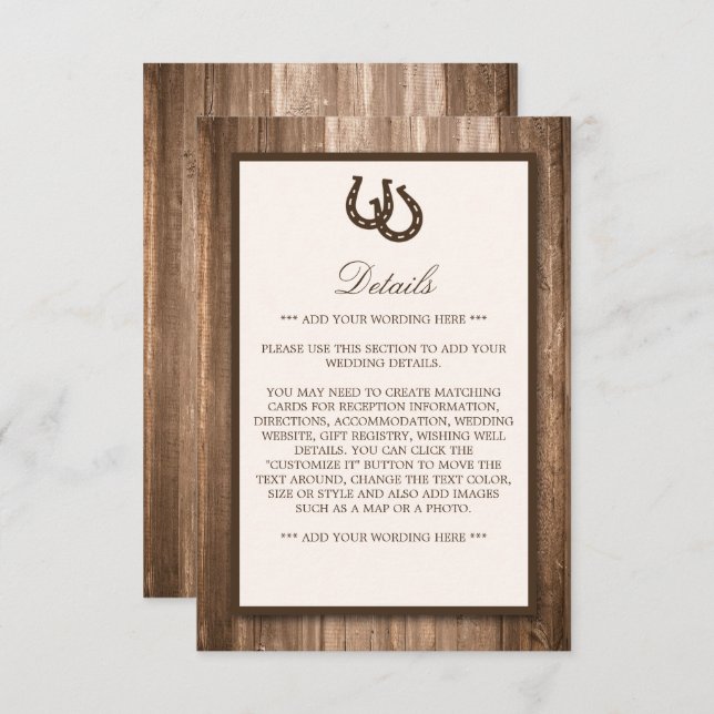 Tarjeta De Recepción Boda Rústico de Herradura y Madera Marrón (Anverso / Reverso)