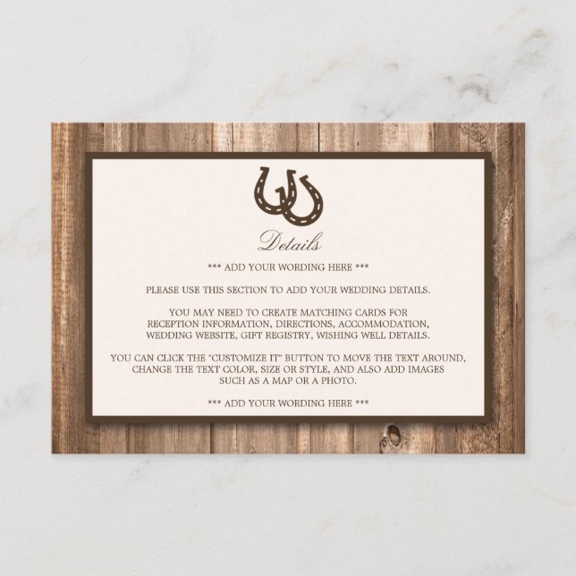Tarjeta De Recepción Boda Rústico de Herradura y Madera Marrón (Anverso)