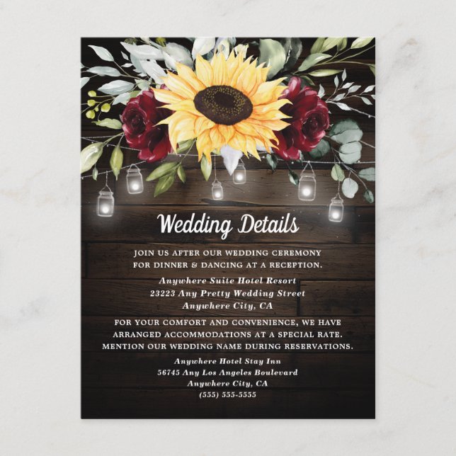 Tarjeta De Recepción Boda Rústico de la Rosa Roja de Girasol y Borgoña (Anverso)