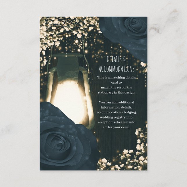 Tarjeta De Recepción Boda Rústico de Linterna brillante azul Rosa negro (Anverso)
