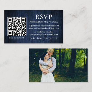 Tarjeta De Recepción Boda Rústico de Madera Azul QR Photo RSVP