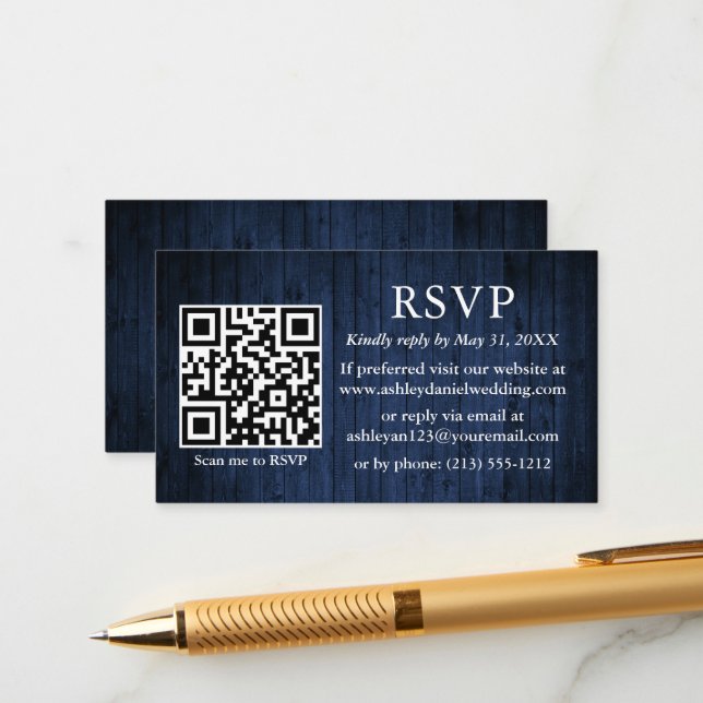 Tarjeta De Recepción Boda Rústico de Madera Azul QR RSVP (Anverso/Reverso In Situ)