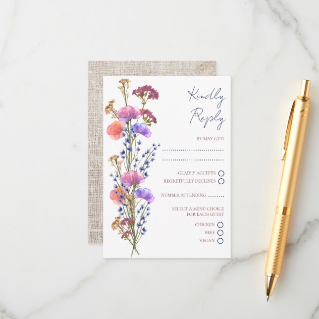 Tarjeta De Recepción Boda Rústico Delicado Acrílico Floral RSVP (Anverso/Reverso In Situ)