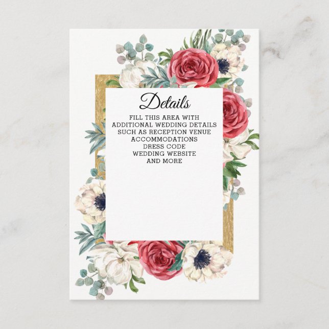 Tarjeta De Recepción Boda Rústico Elegante Rojo y Dorado Floral Blanco (Anverso)