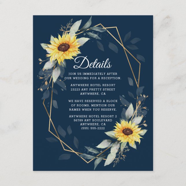 Tarjeta De Recepción Boda Rústico Geométrico Azul de girasol y Marina (Anverso)