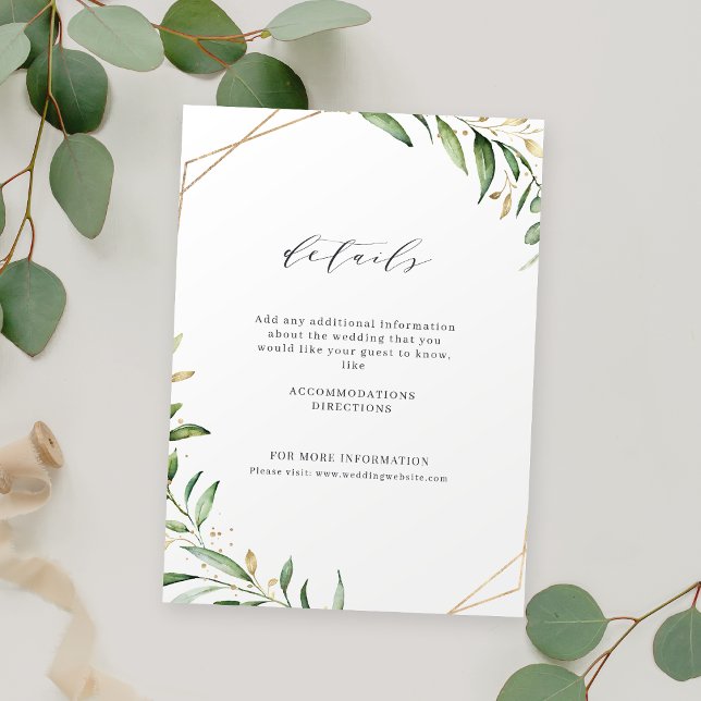 Tarjeta De Recepción Boda Rústico Geométrico de Oro de Verdemia Moderna (Modern Greenery Gold Geometric Rustic Wedding Enclosure Card)