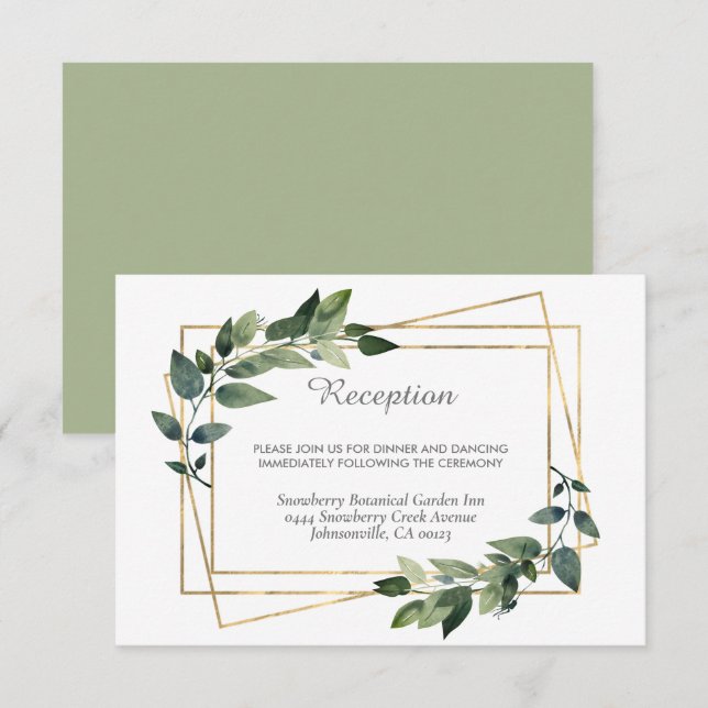 Tarjeta De Recepción Boda Rústico Geométrico Verde y Oro (Anverso / Reverso)