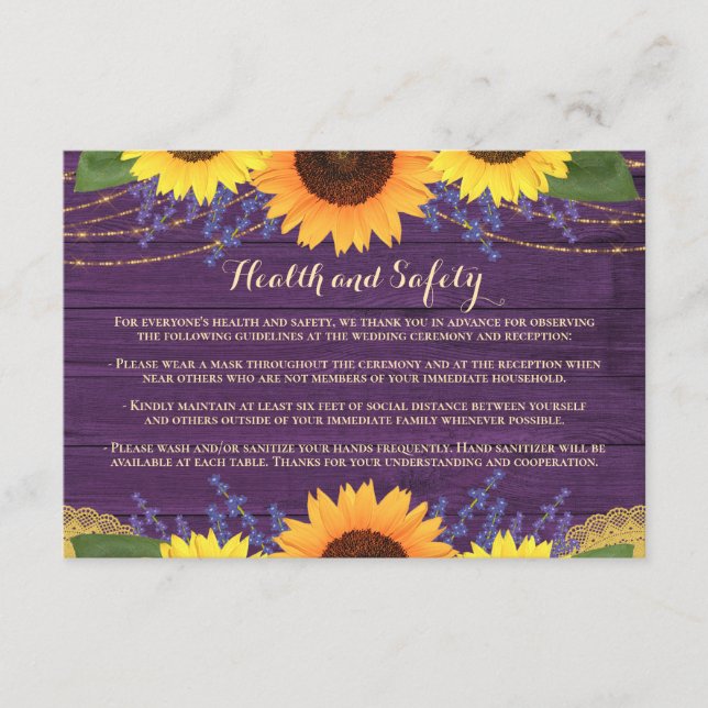 Tarjeta De Recepción Boda Rústico Púrpura Sombrillas Salud y Seguridad (Anverso)