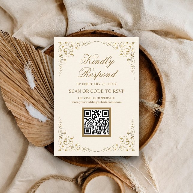 Tarjeta De Recepción Boda Rústico Swirl Frame Cream Gold QR Code RSVP (Subido por el creador)