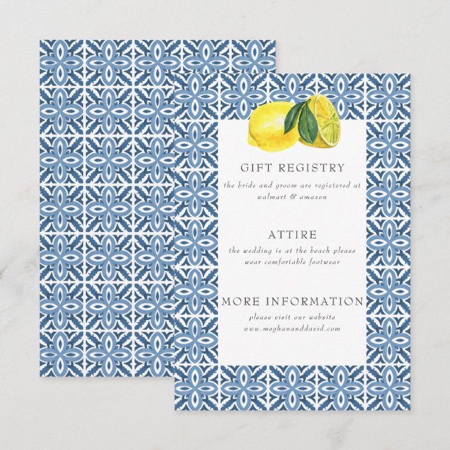 Tarjeta De Recepción Boda Siciliano de Blue Tiles Lemon (Anverso / Reverso)