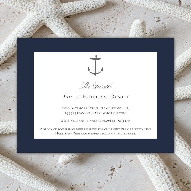Tarjeta De Recepción Boda simple de ancla náutica | Azul Marino (Navy Simple Nautical Anchor Wedding Enclosure Card)