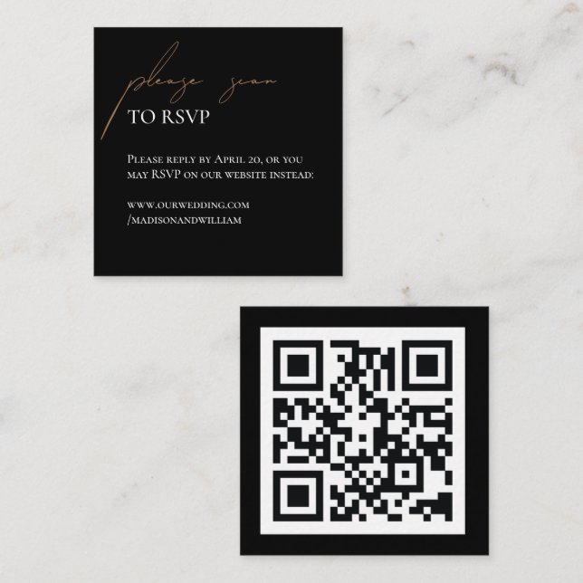 Tarjeta De Recepción Boda simple en blanco y negro QR Rsvp (Anverso / Reverso)