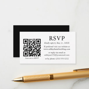 Tarjeta De Recepción Boda simple minimalista blanco negro QR RSVP