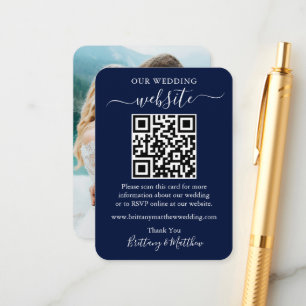 Tarjeta De Recepción Boda simple minimalista Foto de sitio web QR Azul