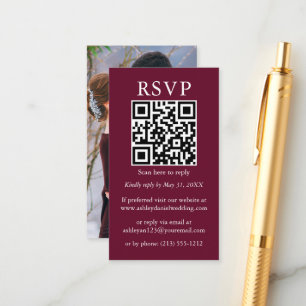 Tarjeta De Recepción Boda simple minimalista QR Foto Borgoña RSVP