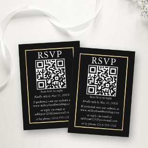 Tarjeta De Recepción Boda simple minimalista QR Gold Black RSVP