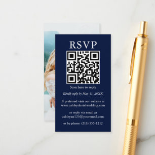 Tarjeta De Recepción Boda simple minimalista QR Photo Blue RSVP