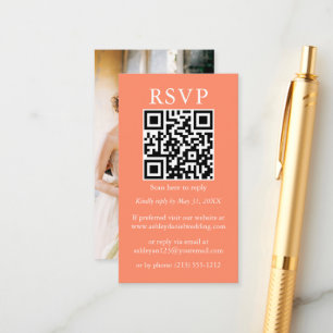 Tarjeta De Recepción Boda simple minimalista QR Photo Coral RSVP