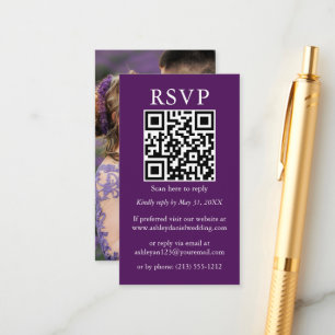 Tarjeta De Recepción Boda simple minimalista QR Photo Purple RSVP