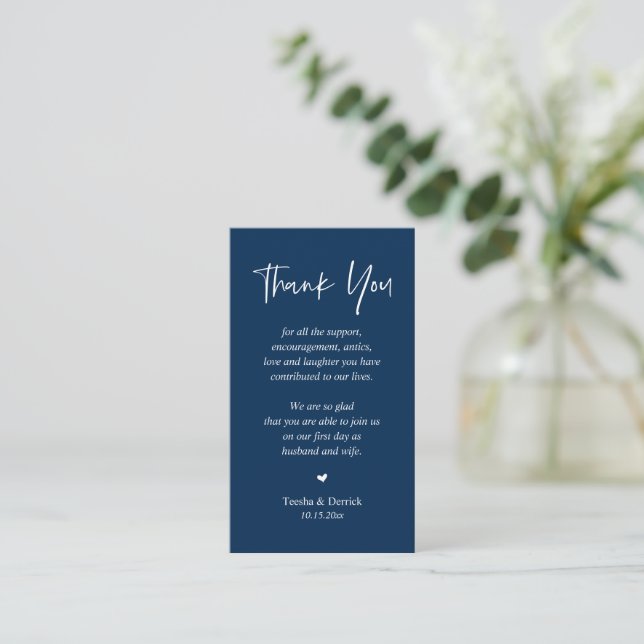 Tarjeta De Recepción Boda sincero Gracias, Marina Azul (Anverso de pie)