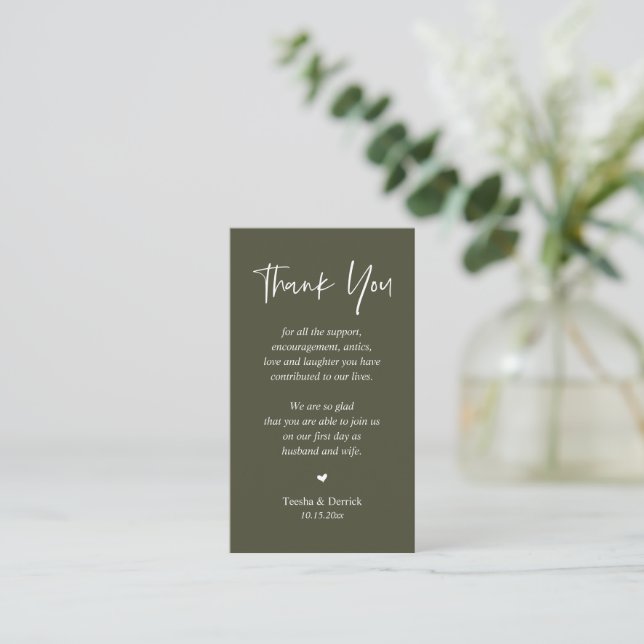 Tarjeta De Recepción Boda sincero Gracias, Olive Sage Green (Anverso de pie)