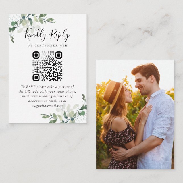 Tarjeta De Recepción Boda Sitio Web QR Código Foto Eucalyptus RSVP (Anverso / Reverso)