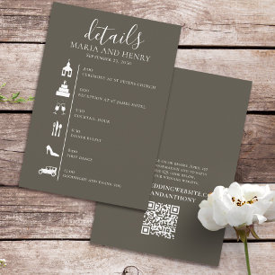 Tarjeta De Recepción Boda Timeline Brown Gray Details QR Code RSVP