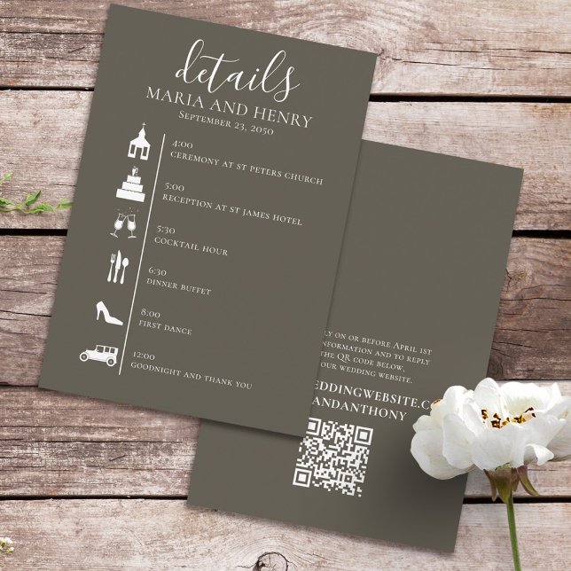 Tarjeta De Recepción Boda Timeline Brown Gray Details QR Code RSVP (Subido por el creador)