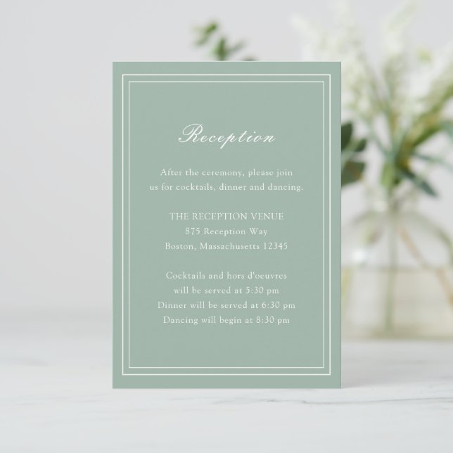 Tarjeta De Recepción Boda tradicional de Sage Green Timeless (Anverso de pie)