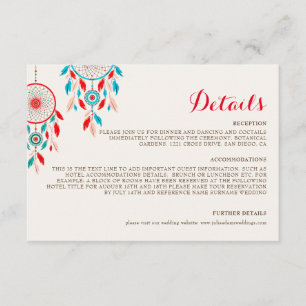 Tarjeta De Recepción Boda tribal boho con atrapasueños de plumas