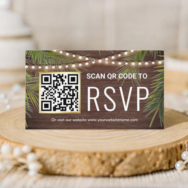 Tarjeta De Recepción Boda tropical con código QR RSVP de madera rústica (Subido por el creador)