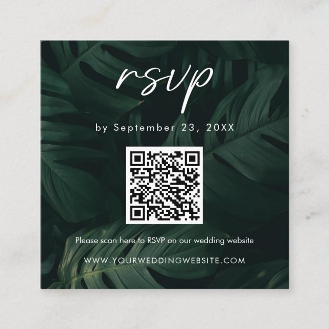 Tarjeta De Recepción Boda Tropical de Destino Escanea código QR RSVP (Anverso)