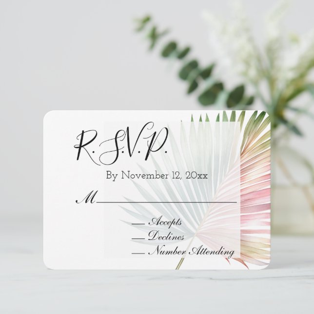 Tarjeta De Recepción Boda Tropical de Hojas Verdes Rosadas RSVP (Anverso de pie)
