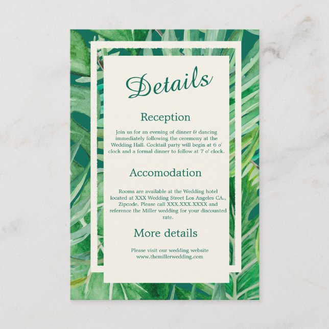 Tarjeta De Recepción boda tropical de vegetación esmeralda (Anverso)