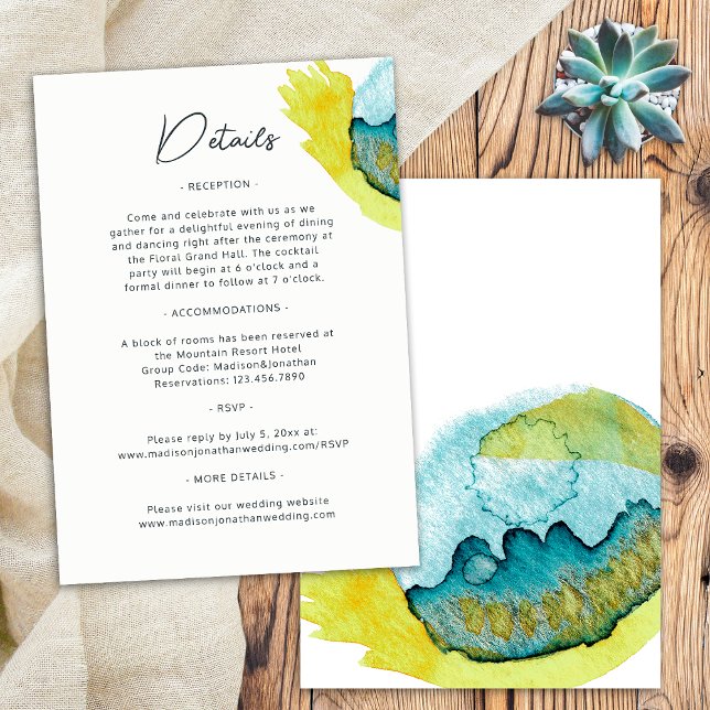 Tarjeta De Recepción Boda único de arte acuático con abstracto amarillo (Front/Back)