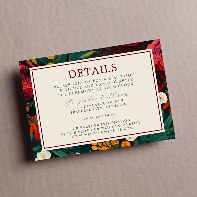 Tarjeta De Recepción Boda Verde azulado floral oscuro borgoña pintada (Subido por el creador)
