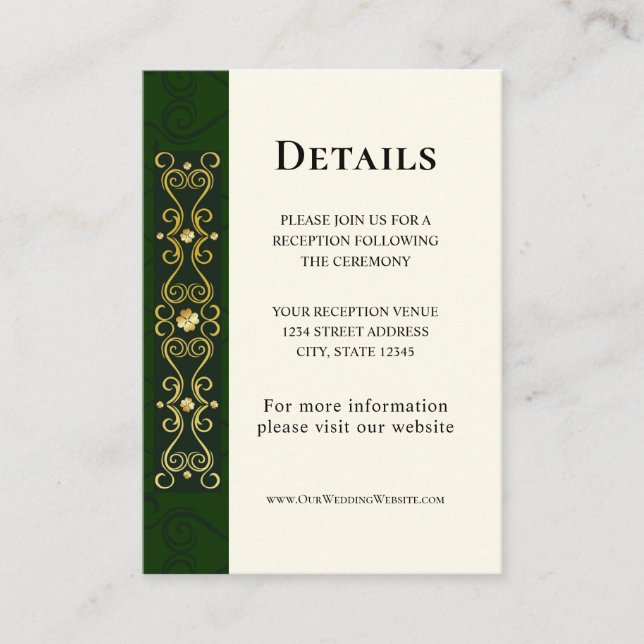 Tarjeta De Recepción Boda Verde de arte de oro elegante irlandés (Anverso)