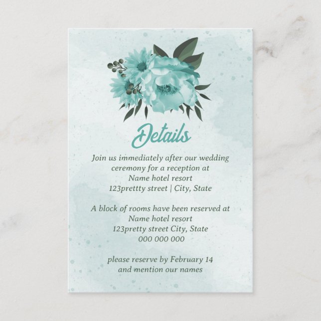 Tarjeta De Recepción boda verde de flores azules (Anverso)