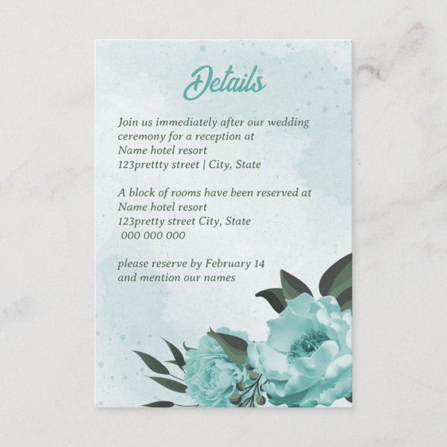 Tarjeta De Recepción boda verde de flores azules (Anverso)