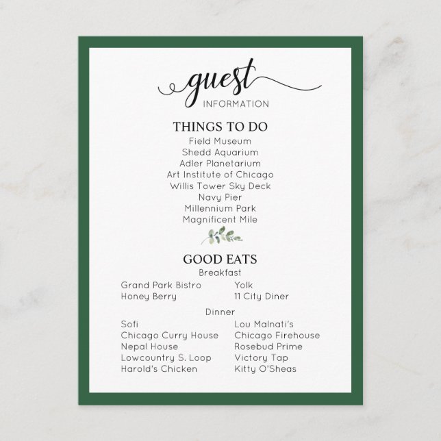 Tarjeta De Recepción Boda verde Detalles Información de Invitado Inform (Anverso)