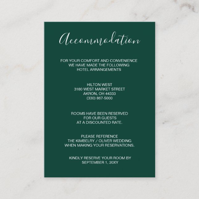 Tarjeta De Recepción Boda verde esmeralda moderno simple (Anverso)