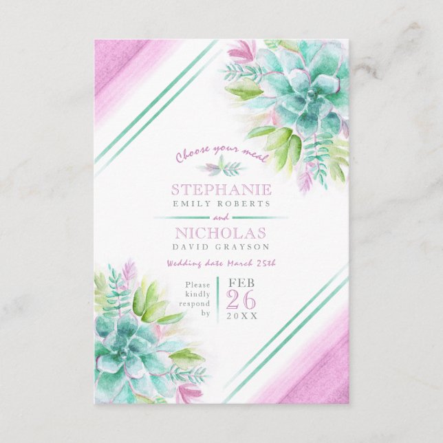 Tarjeta De Recepción boda verde rosa suculento para la comida boda (Anverso)