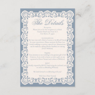 Tarjeta De Recepción Boda Vintage de Encaje de Marfil Azul Polvoriento